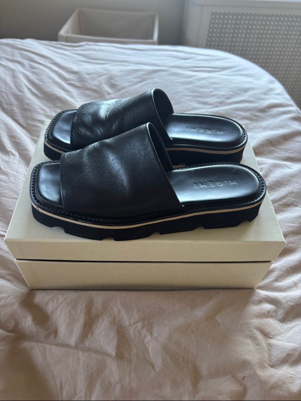 M. Gemi Black Leather Slide Sandals